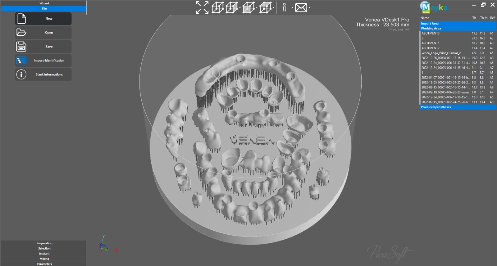 Dental parts arranged and supported in Mayka nesting software