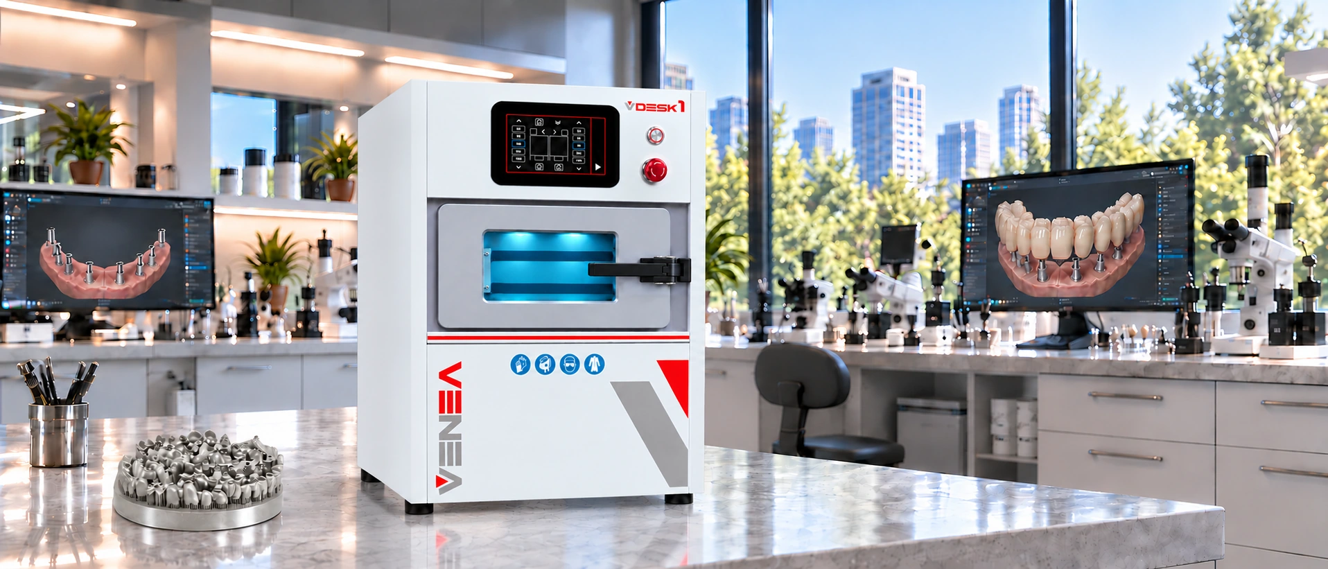 VENEA VDesk1 compact desktop metal 3D printer in a dental laboratory